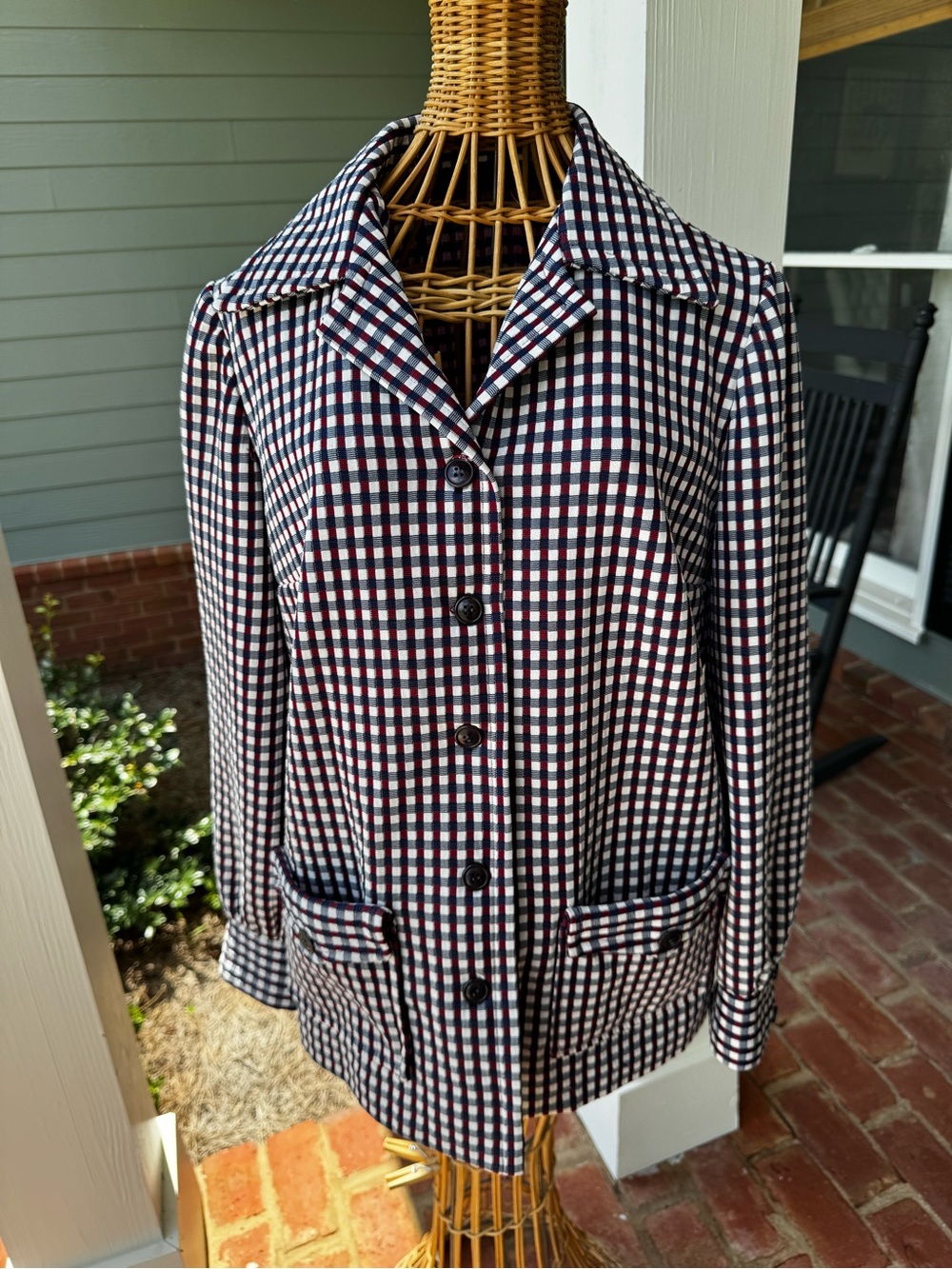 Vintage 1970s Handmade Polyester Burgundy Check Shirt Jacket M